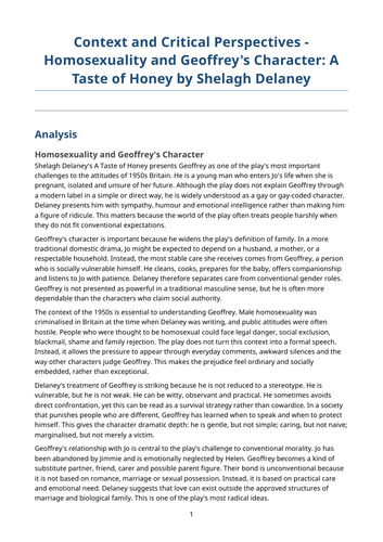 A Taste of Honey – Shelagh Delaney – Homosexuality and Geoffrey’s Character