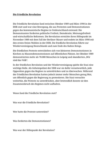 Die Friedliche Revolution - Reading Activity