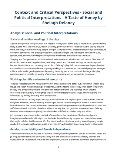 A Taste of Honey – Shelagh Delaney – Social and Political Interpretations