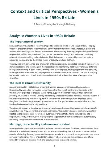 A Taste of Honey – Shelagh Delaney – Women’s Lives in 1950s Britain