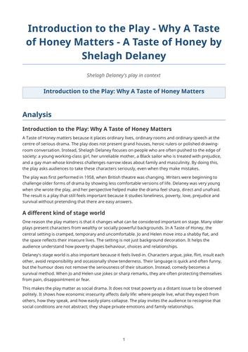 A Taste of Honey – Shelagh Delaney – Why A Taste of Honey Matters