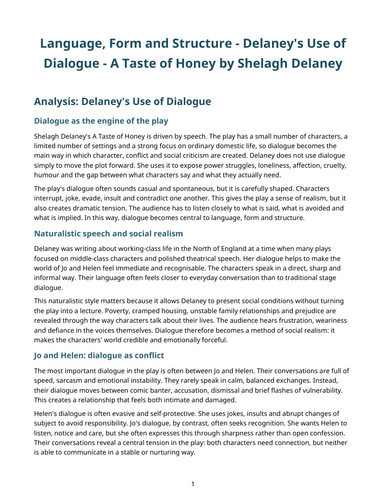 A Taste of Honey – Shelagh Delaney – Delaney’s Use of Dialogue