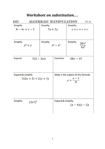Worksheet on substitution into expression & formulae