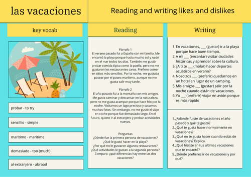 las vacaciones reading and writing