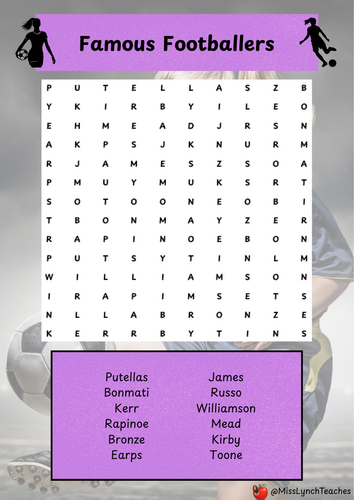 Famous Female Footballers Wordsearch