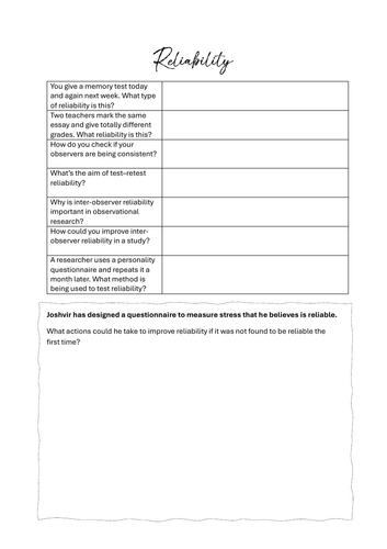 AQA Psychology Reliability and Validity worksheets