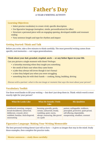 Father's Day Writing Activity — Year 6 Personal & Descriptive Writing