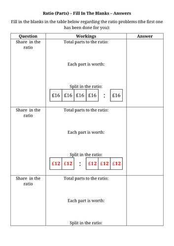 Ratio (Parts) - Fill In The Blanks