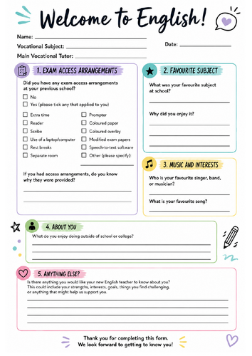 Welcome to English! Student Information & Transition Worksheet