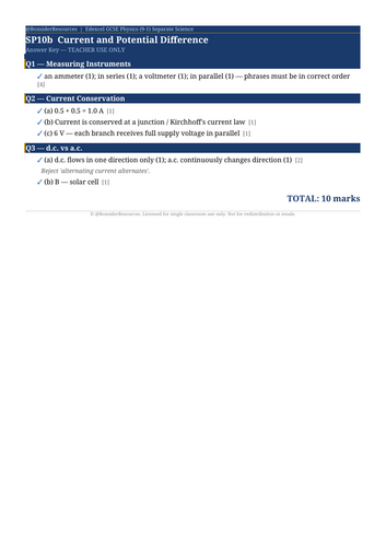 SP10b Current and Potential Difference | Edexcel GCSE Physics Topic Mastery Pack