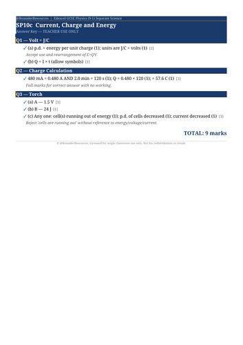 SP10c Current, Charge and Energy | Edexcel GCSE Physics Topic Mastery Pack