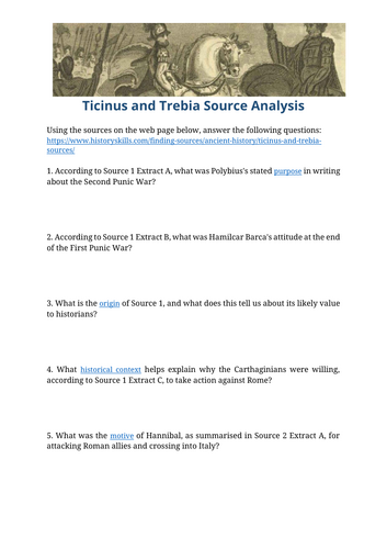 Battles of Ticinus and Trebia Rivers Source Analysis Worksheet