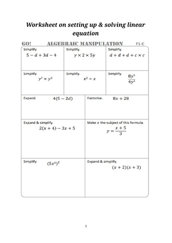 Worksheet setting up & solving linear equation