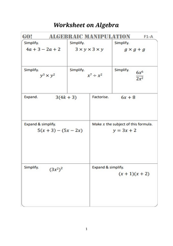 Worksheet on Algebra
