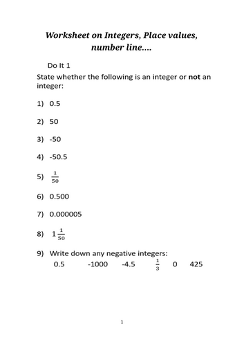 Worksheet on Integers