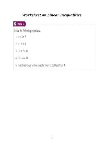 Worksheet on Linear Inequalities