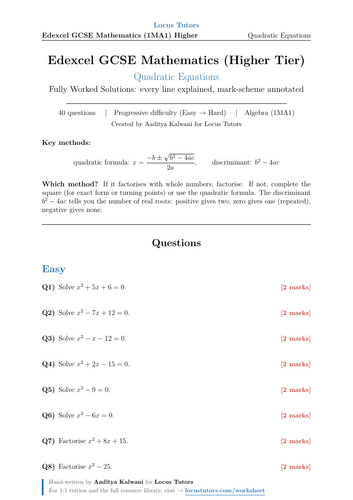Quadratic Equations | 40 Worked Examples | Edexcel GCSE Higher Maths