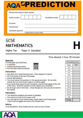 AQA GCSE Mathematics Higher Tier Paper 3 (Calculator) Prediction 2026