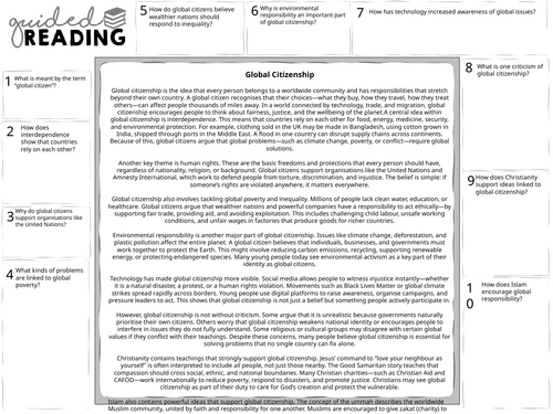 Eduqas GCSE Religious Studies Global Citizenship Guided Reading