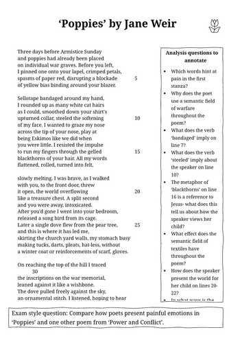 'Poppies' Poetry Revision Worksheet