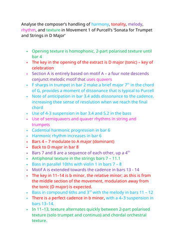 Purcell Sonata for Trumpet and Strings in D Major Analysis AQA A-Level Music