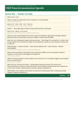 CB2f Neurotransmission Speeds | Edexcel GCSE Combined Science Biology Topic Mastery Pack