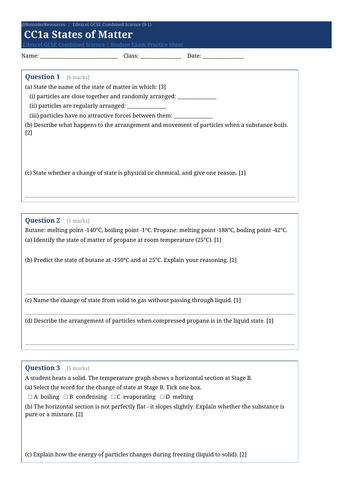 CC1a States of Matter | Edexcel GCSE Combined Science Chemistry Topic Mastery Pack