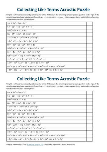 Collecting Like Terms Acrostic Puzzle