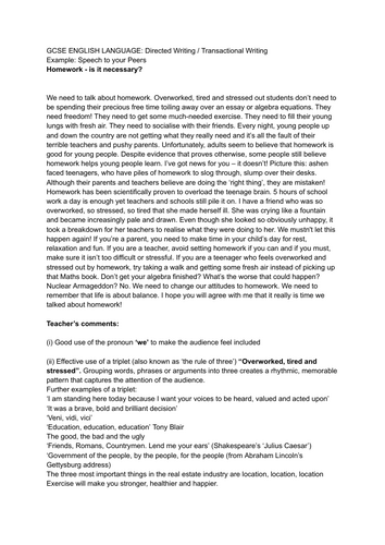 Example GCSE ENGLISH LANGUAGE SPEECH with teacher observations