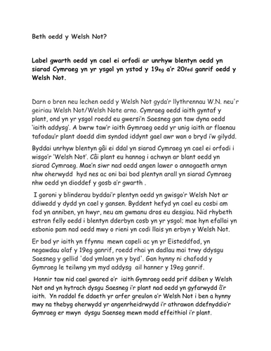 Beth oedd y "Welsh Not" ? CYMRAEG IAITH GYNTAF BLWYDDYN 6 (Hanes Cymru)