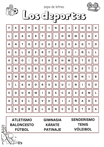 sopa de letras EL DEPORTE Wordsearch Spanish SPORT with answer sheet con solucionario