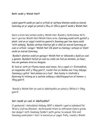 HANES Y "WELSH NOT" : Adnodd Athrawon  (Blwyddyn 6)