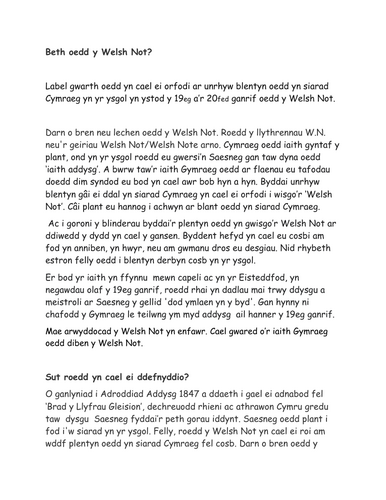 HANES Y "WELSH NOT" : Adnodd Athrawon  (Blwyddyn 6)