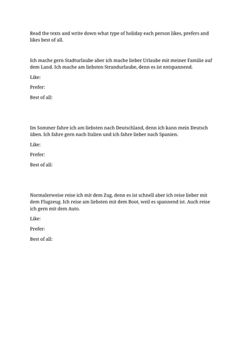 Mein Urlaub - German reading comprehension and trap door
