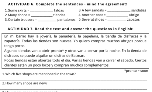 Claro 2 - 4.3 De tiendas (Worksheet and answers) - Revision / HW