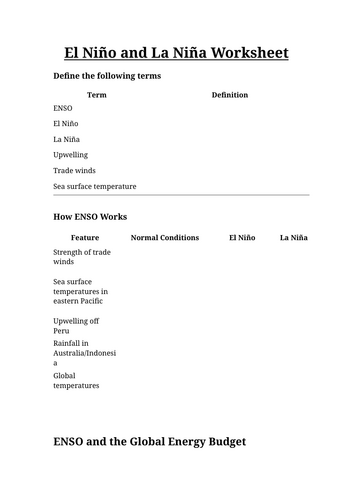 El Niño and La Niña Worksheet