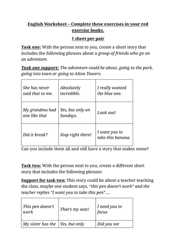Cover worksheets for KS3 Drama and English