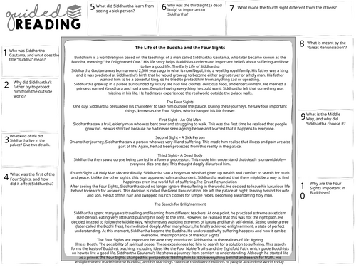 Buddhism: The Life of the Buddha Guided Reading Sheet