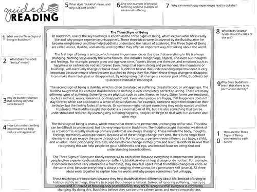 Buddhism: The Three signs of being Guided Reading Sheet
