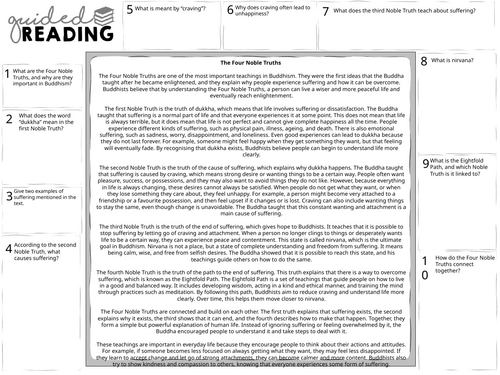 Buddhism: The  four noble truths Guided Reading Sheet