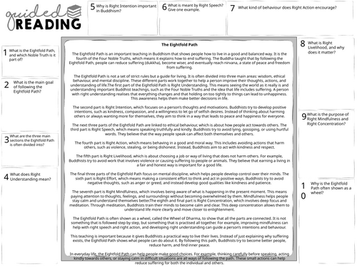 Buddhism: 8 fold path guided reading sheet