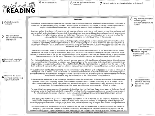 Hinduism: Brahman Guided Reading Sheet