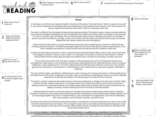 Hinduism: Atman Guided Reading Sheet