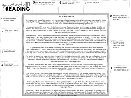Hinduism: Samsara Guided Reading Sheet