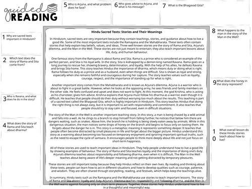 Hinduism: Hindu Texts Guided Reading Sheet