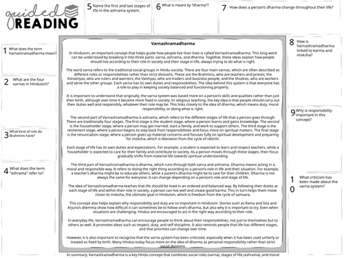 Hinduism: Varnashramdharma Guided Reading Sheet