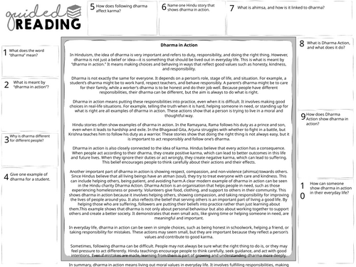 Hinduism: Dharma in action Guided Reading Sheet