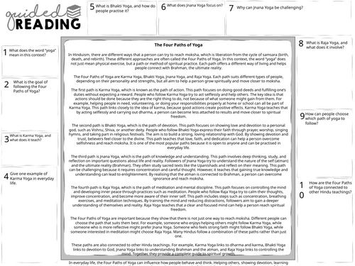 Hinduism: Four paths of Yoga Guided Reading Sheet