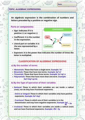Algebraic Expressions Complete Lesson: Theory, Practice and Answer Key.