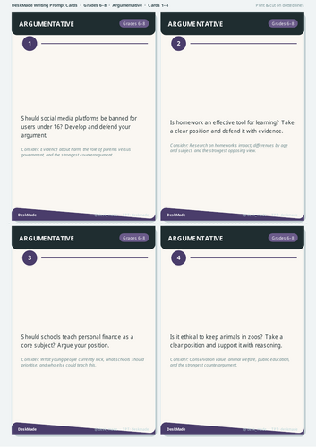 Argumentative Writing Prompt Cards | Grades 6-8 | IB MYP